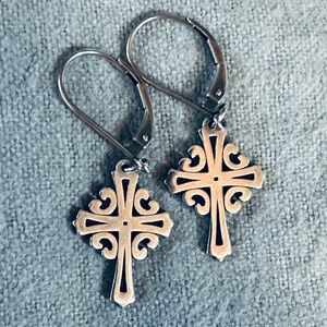 James Avery 925 Sterling Silver Retired Adorned Cross Dangle Earrings